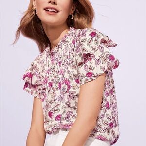 Ann Taylor Pink and Cream Floral Ruffle-Trim Smocked Blouse